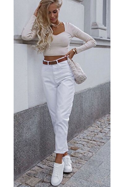 WODDİ Lora Super White Mom Boyfriend Jeans cu talie înaltă, elastici 2024