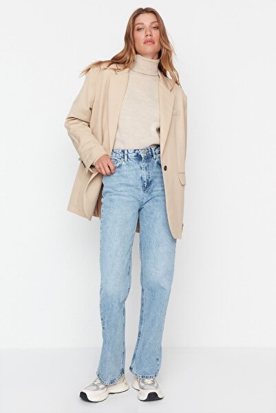 WODDİ Γυναικείο μπλε τζιν με φαρδύ πόδι με μεσαίο χιόνι 2024