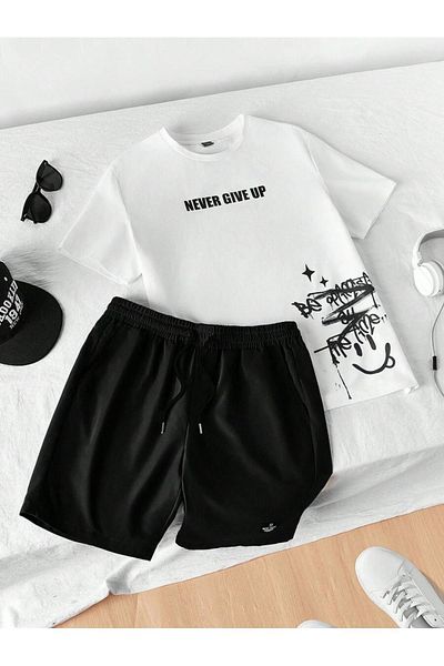 PERISENSE Set de tricou și pantaloni scurți oversize alb gri - Never Give Up Printed