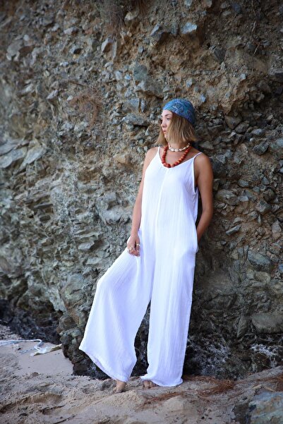Şaman Butik Beyaz Askılı Salaş Müslin Tulum