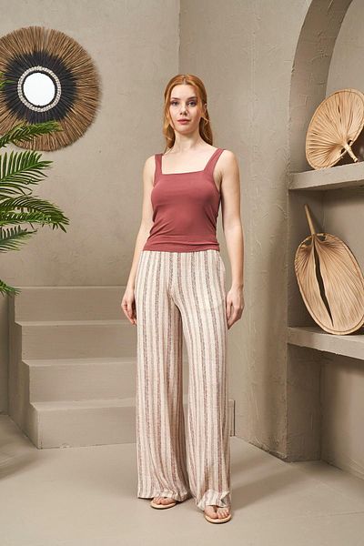 PJS 25133 Women's Strap Wide Leg Striped Trousers Set