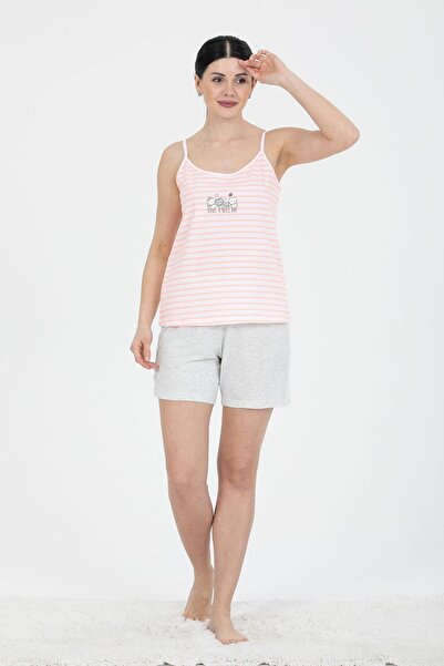 PJS 24236 Γυναικείο Σετ βαμβακερό σορτς με ριγέ λουράκι με στάμπα γάτα