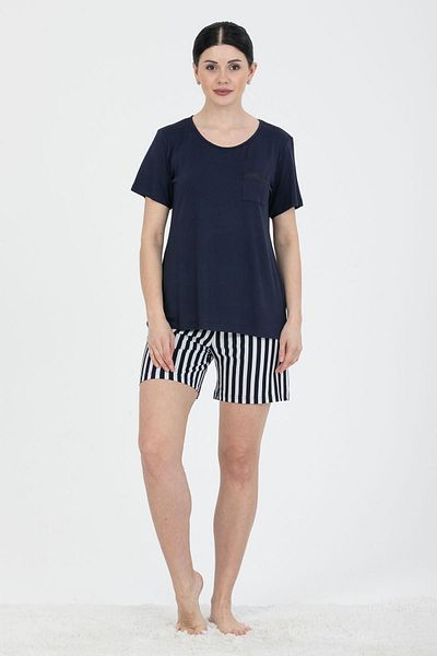 PJS 24230 Pantaloni scurți de damă, albastru bleumarin, alb, cu dungi, pantaloni scurți