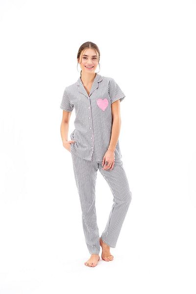 PJS طقم بيجامة نسائي مخطط بأزرار