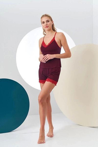 PJS 24151 Set de pantaloni scurți din dantelă cu dungi, cu curele din frânghie pentru femei