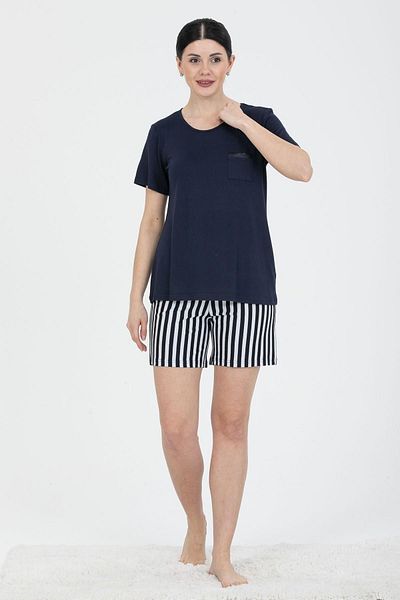 PJS 24230 Pantaloni scurți de damă, albastru bleumarin, alb, cu dungi, pantaloni scurți