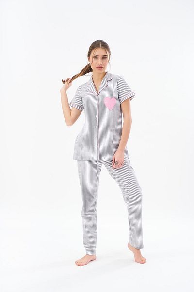 PJS طقم بيجامة نسائي مخطط بأزرار