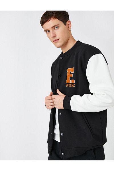 Koton Basic College Jacket Bomber Collar with Pocket Detail and Snap Fasteners