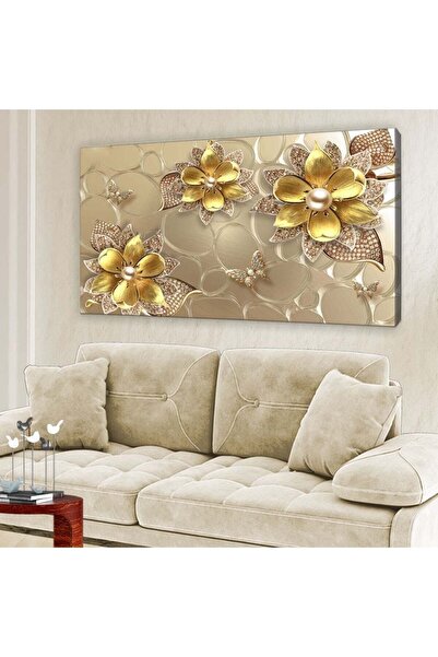Şehzat Üç Boyutlu Gold Taşlı Çiçekler - Kanvas Tablo 60x120cm-hykvs-430