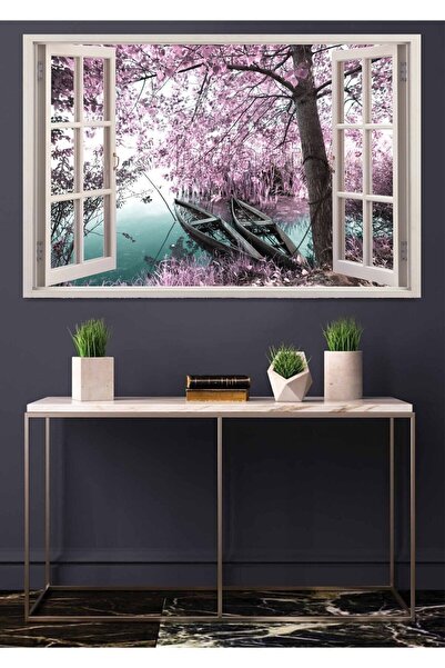 Şehzat Modern Soyut Dekoratif Açılır Pencere Görünümlü Göl Ağaç Manzaralı Kan...