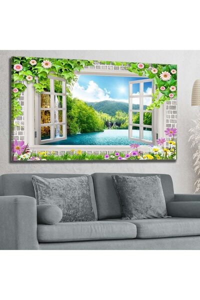 Şehzat Çiçekli Pencere Doğa Manzaralı - Kanvas Tablo 60x120cm-hykvs-0533