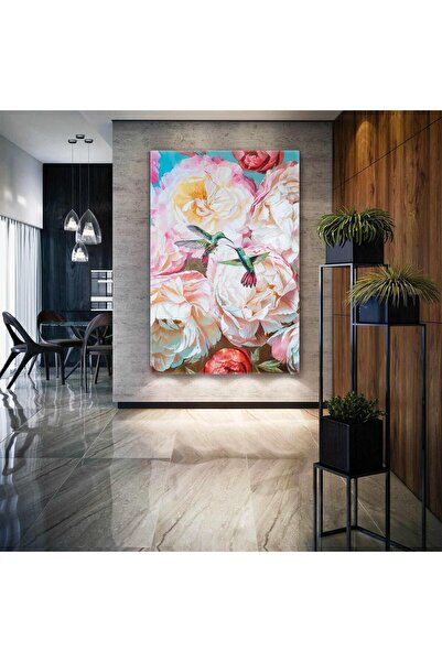 Şehzat Beyaz ve Kırmızı Şakayık Çiçeği ile Sinek Kuşları Dikey Kanvas Tablo