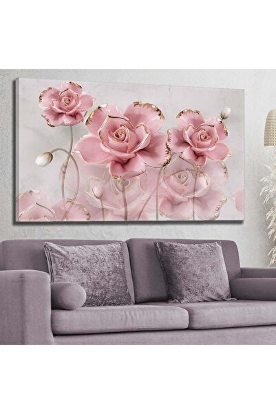 Şehzat Pembe-gold Detaylı Üç Boyutlu Gül - Kanvas Tablo 60x120cm-hykvs-515