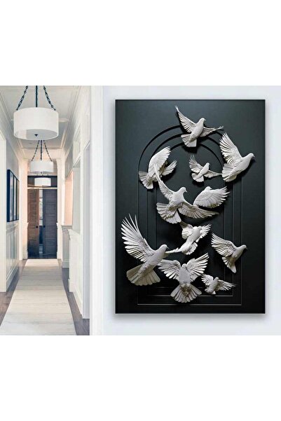 Şehzat Uçan Beyaz Güvercinler Üç Boyutlu Görünümlü Kanvas Tablo