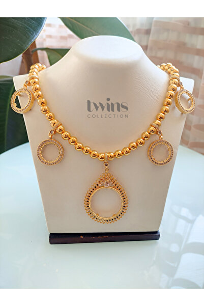 TwinsCollection Tamlı ve Çeyrekli Altın Uyumlu 8mm İncili 5'i Bir Yerde Kolye - Tamlı Çeyrekli Beşi Bir Yerde Kolye