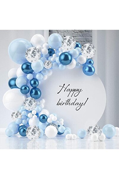 Paparti 60 Adet Krom Mavi Makaron Mavi Beyaz Şeffaf Balon Seti + Balon Zincir...
