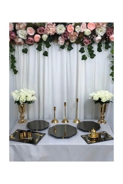 Helvacıoğlu Söz Nişan Gold Petek Sunum Masası Seti Jardinyer Şamdan Metal Vazo Tepsi Full Organizasyon Takım