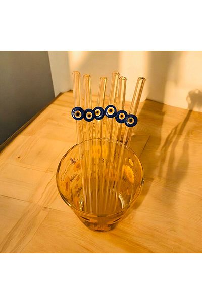 nazarboncuğu Transparent Glass 6-Piece Straw Set - Fan