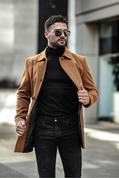 gm giyimarket Дълго прилепнало мъжко палто с печат