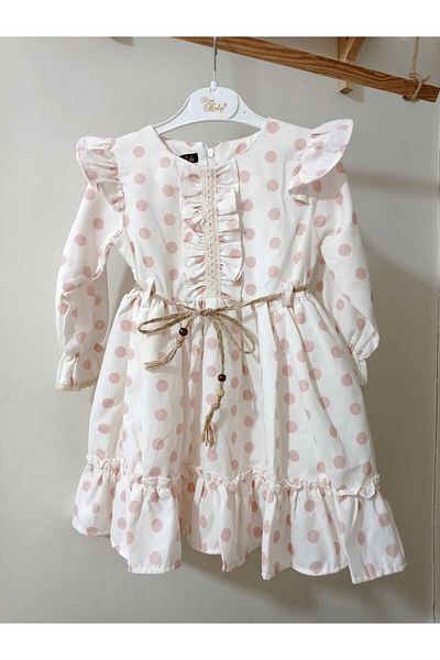 krm kerem bebe Rochie pentru fetiță din twill - cu buline, mâneci lungi și detaliu cu volane