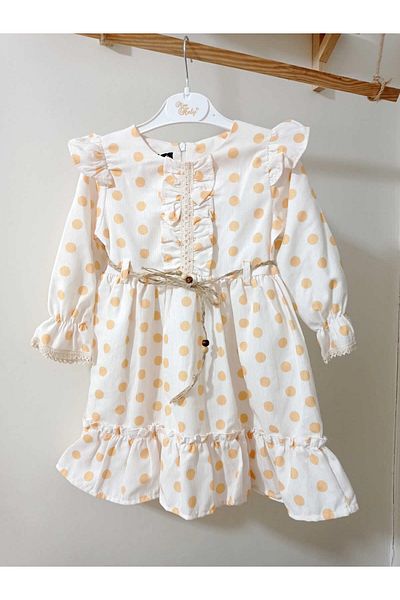 krm kerem bebe Rochie pentru fetiță din twill - cu buline, mâneci lungi și detaliu cu volane