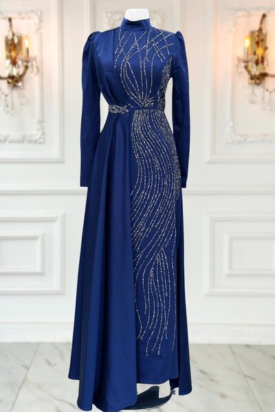 Ayşe Tesettür فستان سهرة حجاب من الساتان من Mira - فستان بطبعات حجرية رقمية Bsn