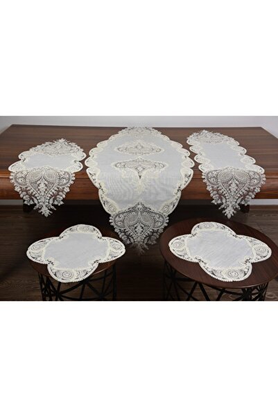 bursa çeyiz طقم صالة فاخر من الكتان الأبيض مكون من 5 قطع - كريم Ahu