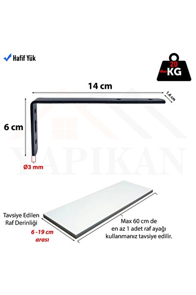 Yapıkan 6 X 14 Cm - 4 Ad. Siyah Modern Çelik Raf Altı Ayak - Metal Raf Tutucu L Demir Duvar Montaj Aparatı