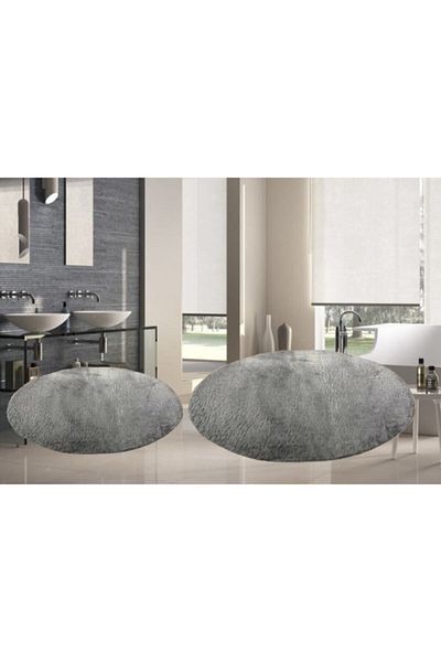 Sarar Set of 2 Round Post Plush Bath Mat Set Large Size Gel Base Toilet Bowl Set Gray 100x100 80x80