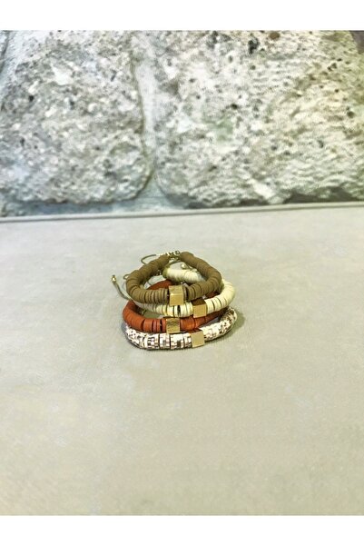 serapis accessories Makrome Ipli Fimo Boncuklu Gold Hematit Taşlı Son Bahar Tonları 4'lu Kombin Bileklik