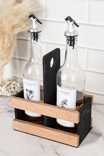 DNS HOME 2-Piece Glass Oil Pot with Wooden Stand Olive Oil Sunflower Oil Bottle Oil Pot Set 750 ml