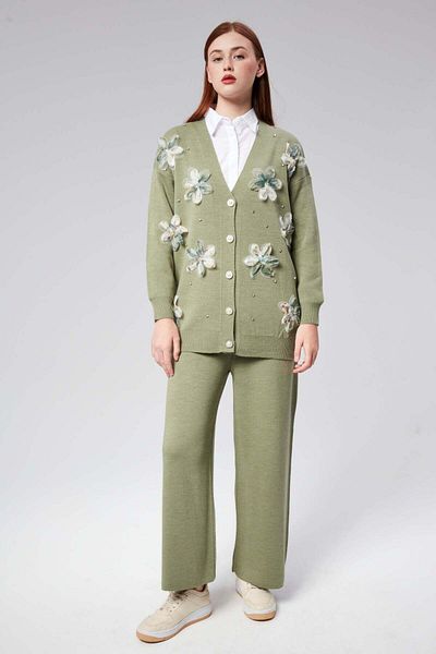 Hatun Atila Hatunatila Tulle Flower and Pearl Detailed Cardigan Double Set - 3046
