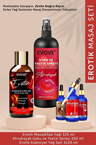 Evove Cosmetics Etkili Erotik Set Aromaterapi Masaj Yağı-Uyku ve Yastık Sprey...