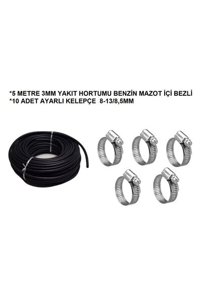 CMEPARTS 3mm Akaryakıt Hortumu BENZİN - MAZOT içi Bezli Özel 5 Metre - 10 Adet Ayarlı Kelepçe 8-13/8,5mm