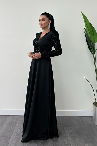 giyimmasalı Φόρεμα Crepe Fabric Sequin Λεπτομερές Φόρεμα Μαύρο