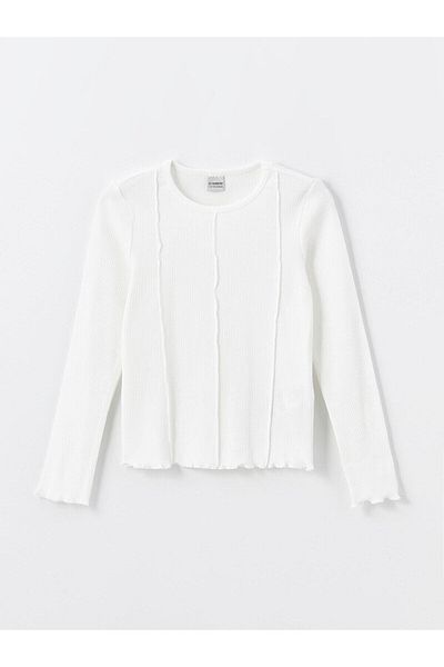 LC Waikiki Lcw Kids Ecru Girls Crop T-Shirt - Crew Neck, Long Sleeve