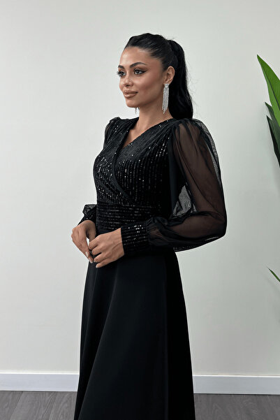 giyimmasalı Payet Kumaş Kolları Tül Abiye Elbise - Siyah