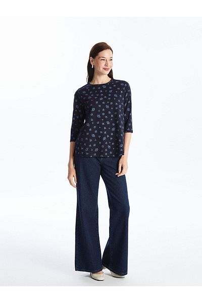 LC Waikiki Bluză pentru femei Lcw Grace, albastru bleumarin, cu model, cu decolteu rotund (S4)