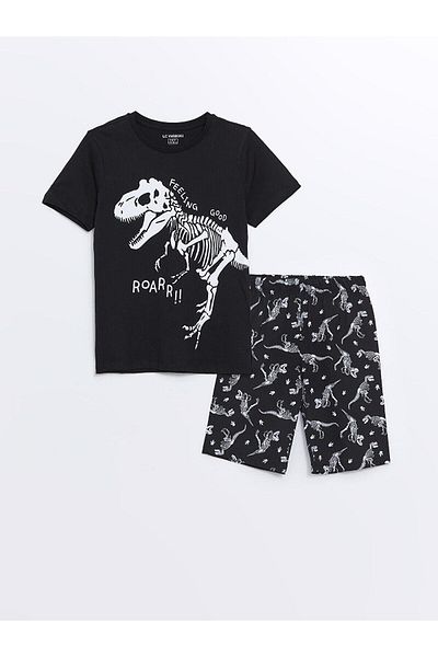 LC Waikiki Lcw Kids Boy's Shorts Pajamas Set - Black, Crew Neck, Printed, Short Sleeve
