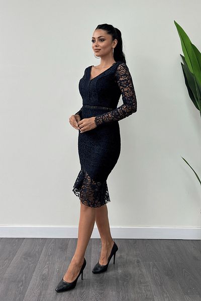 giyimmasalı Rochie detaliată cu volan din Guipur - Albastru Marin