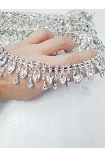 ESRA ŞELEM Silver Color Crystal Jewelled Fringe Ribbon Decorative Ribbon