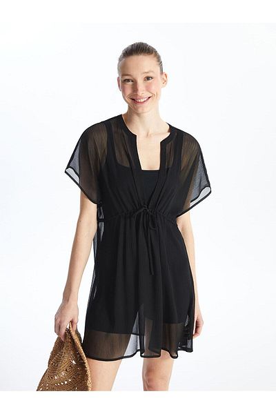 LC Waikiki LCW DREAM New Chiffon Femei Beach Wear Top - Guler șal negru, mânecă scurtă