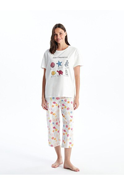 LC Waikiki LCW Young Ekru Baskılı Bisiklet Yaka Baskılı Kısa Kollu Kadın Kaprili Pijama Takımı
