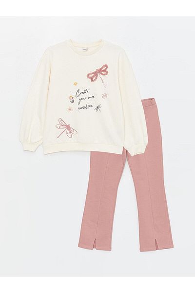 LC Waikiki LcwKidsGirl's Cream Color Crew Neck Printed Long SleeveSweatshirtand Leggings Set