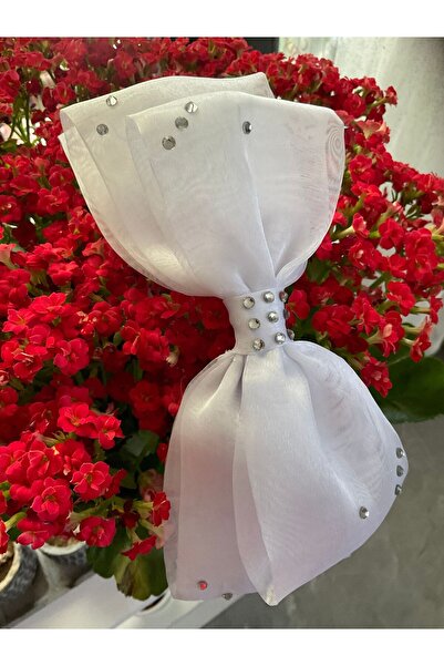MADE BY PERİ Children's Adult Buckle with Three Layers of White Glossy Organza Bow, Stone Decoration