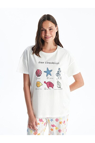 LC Waikiki LCW Young Ekru Baskılı Bisiklet Yaka Baskılı Kısa Kollu Kadın Kaprili Pijama Takımı