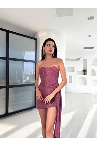 BEAUTY FASHİON Kadın Abiye Elbise Sarkıt Kumaş Detaylı Parlak Simli Mini Abiye & Mezuniyet Elbisesi