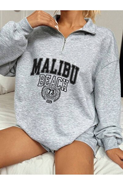 LOUİSA سويت شيرت نسائي رمادي مطبوع من Malibu Beach - نصف سحاب، ياقة واقفة