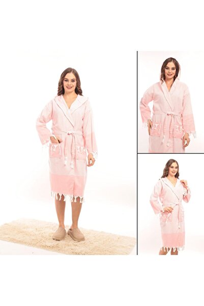 ROZET TEKSTİL Hürrem Püsküllü Kapüşonlu Banyo Sauna Havuz Plaj Kadın Erkek Unisex Cepli Pamuklu Peştamal Bornoz