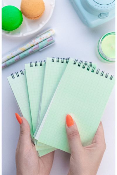Dream Notes Green 4-Piece Checked Notebook Set - 9X15 Cm, 50 Sheets Spiral School Notebook